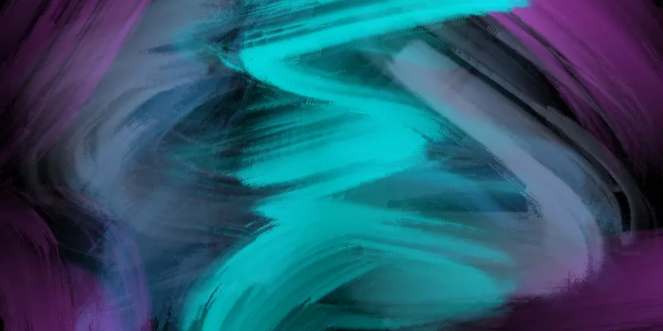 Bright cyan zigzag brushstrokes surrounded by sweeping purple and blue streaks on a black background