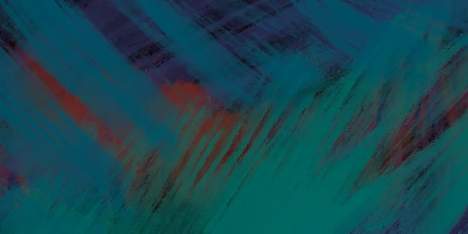 Diagonal abstract brushstrokes in teal, blue, dark purple, and muted red