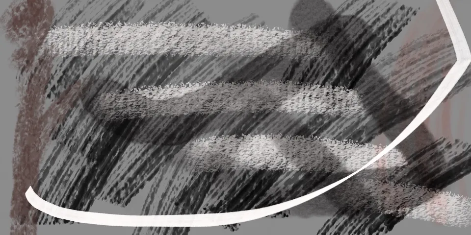 Charcoal sketch abstract with gray brushstrokes and white curved arc