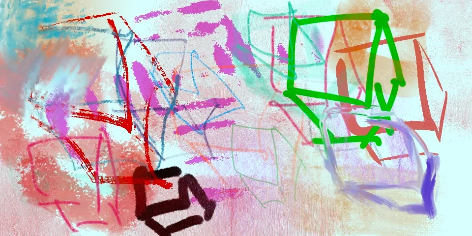Colorful abstract sketch with red, purple, green, and black geometric shapes