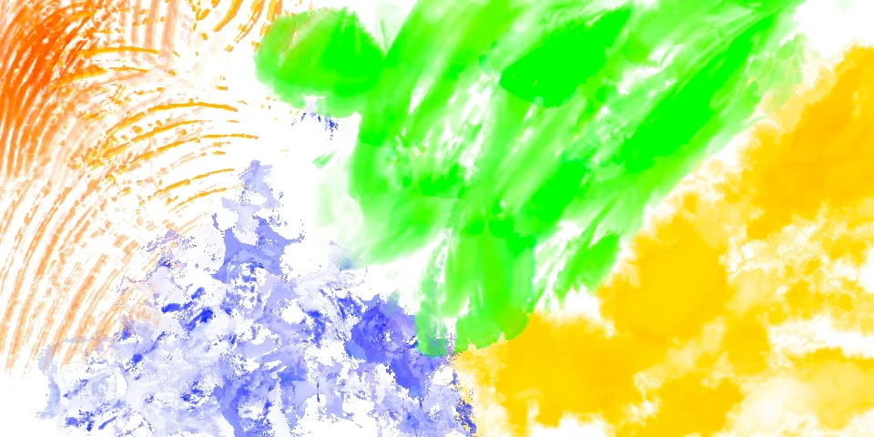 Watercolor abstract in saffron orange, green, and blue on white
