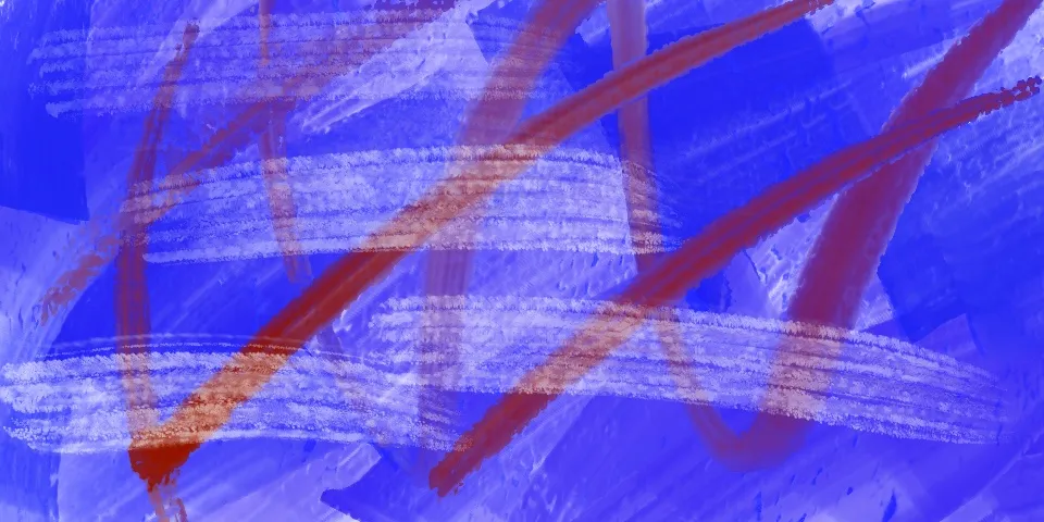 Blue abstract painting with crisscrossing brown and white brushstrokes