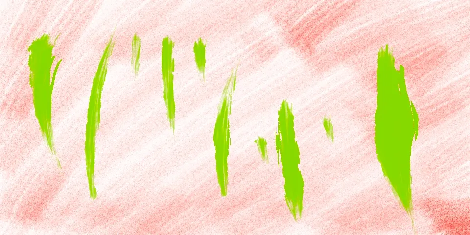 Pink and red crayon texture with bright green vertical brushstrokes