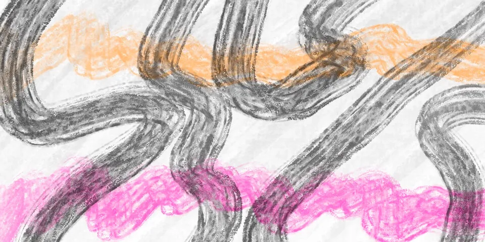 Charcoal wavy brushstrokes over orange and pink crayon stripes on white background