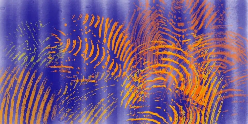 Orange fingerprint-like arc patterns over blue vertical stripe texture