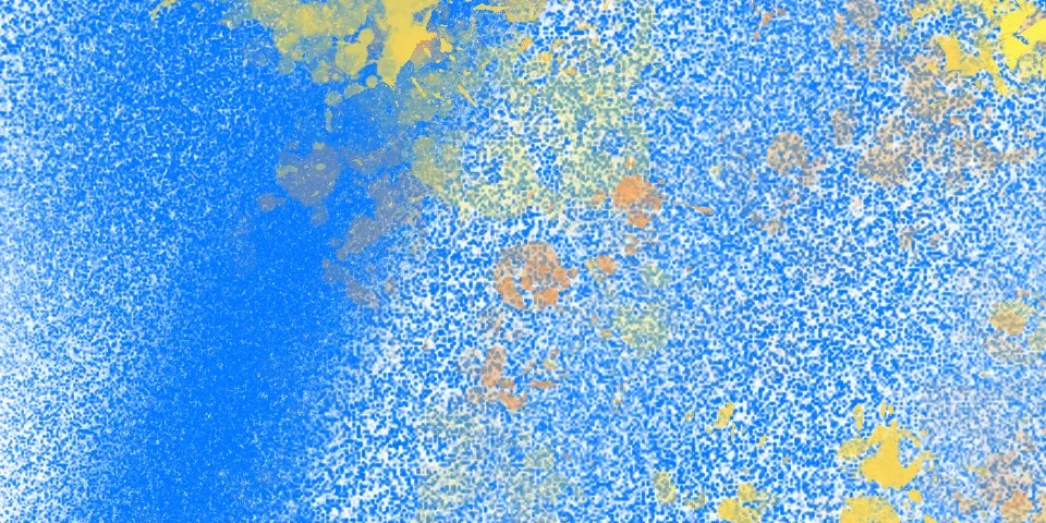 Blue speckled texture with yellow and orange patches concentrated in the upper right