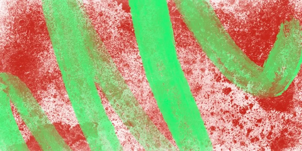 Bright green diagonal brushstrokes over red splattered grunge texture