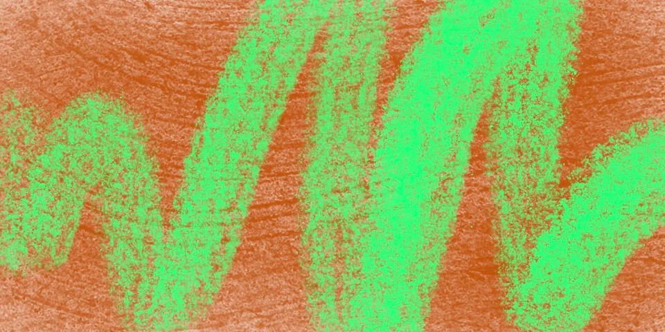 Bright green wavy crayon strokes over warm terracotta orange texture