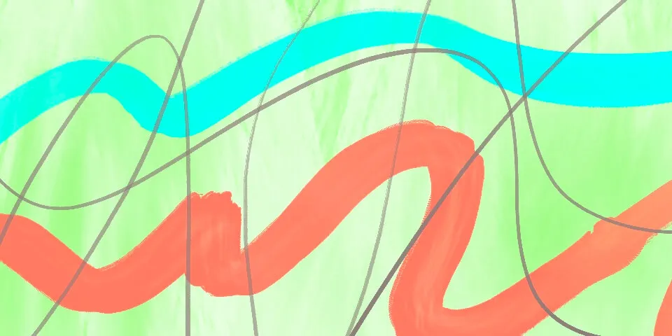 Cyan and coral wavy brushstrokes with grey looping lines on light green background