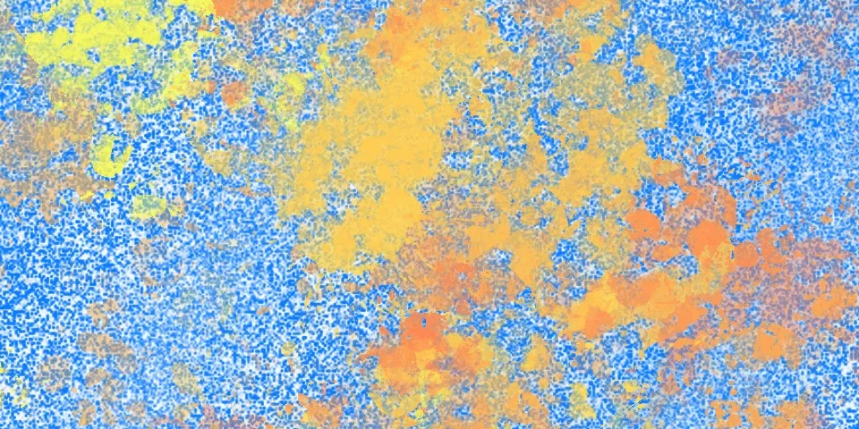 Blue and orange speckled texture with yellow highlights spread across the center