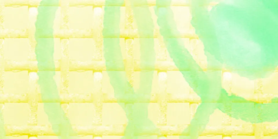 Green watercolor brushstrokes and wash over pale yellow grid texture