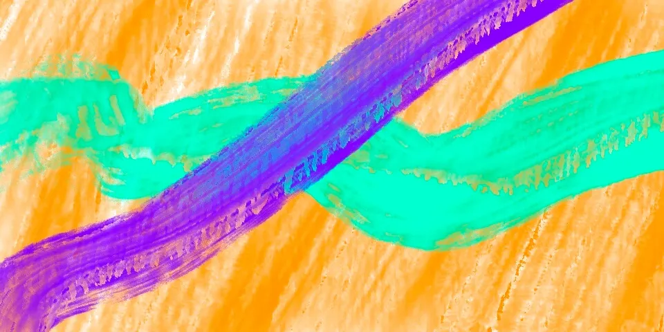 Teal and purple diagonal brushstrokes over warm orange painted texture