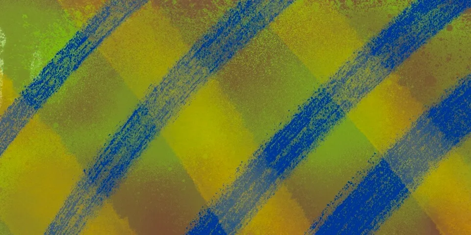 Blue diagonal crayon stripes over yellow and olive green plaid texture