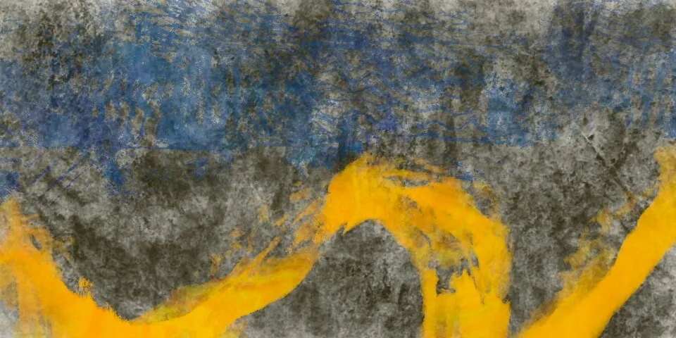 Yellow wavy brushstroke over dark blue and grey stone-like texture