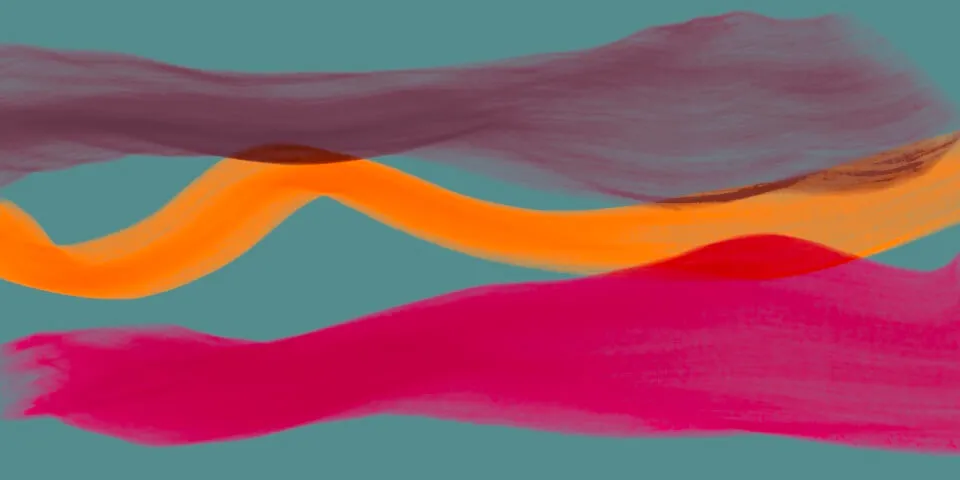 Abstract painting with orange and magenta wavy brushstrokes on teal background