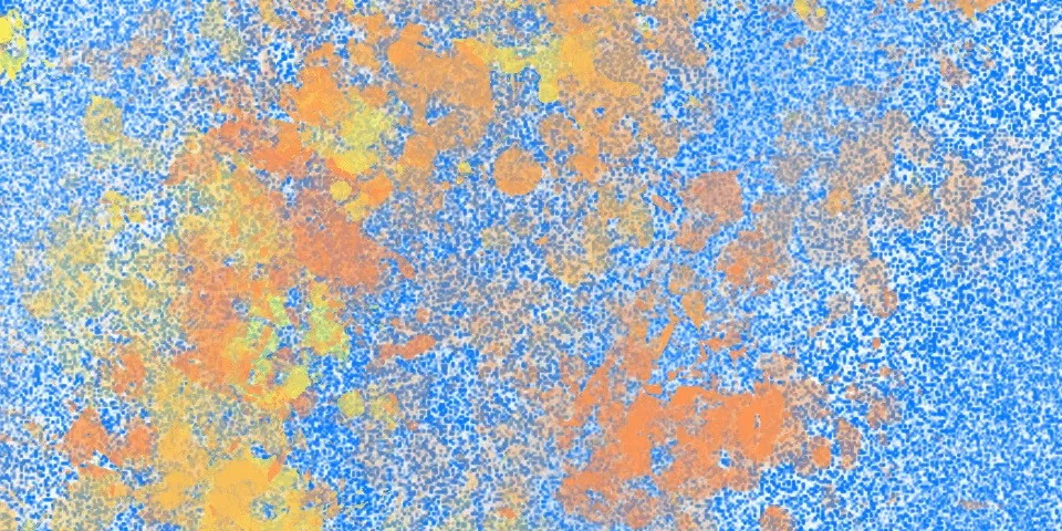 Blue and orange speckled texture with large warm orange patches across the center