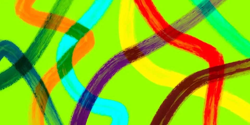 Multicolor curving brushstrokes in red, yellow, cyan, purple and blue on bright green background