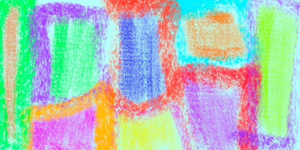 Crayon abstract with overlapping rectangles in green, blue, purple, orange and pink