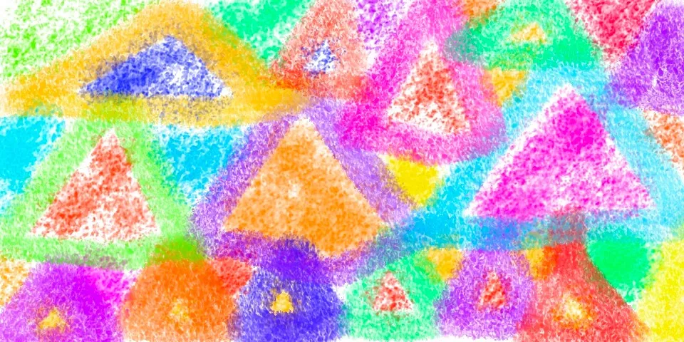 Crayon abstract with overlapping triangles in rainbow colors on white background