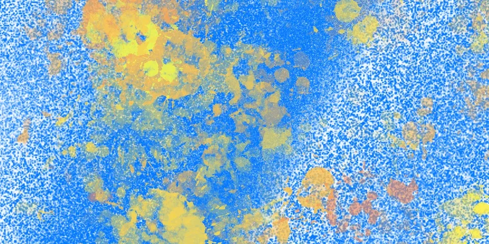 Blue speckled texture with yellow and orange cloud-like patches spread across the center