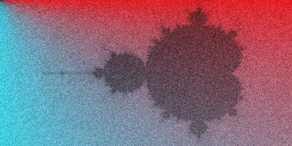 Mandelbrot fractal with red and cyan gradient background and film grain noise