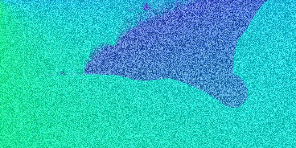 Burning ship fractal with green and blue gradient background and film grain noise