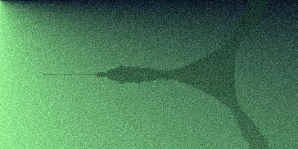 Tricorn fractal with dark blue and light green gradient background and film grain noise