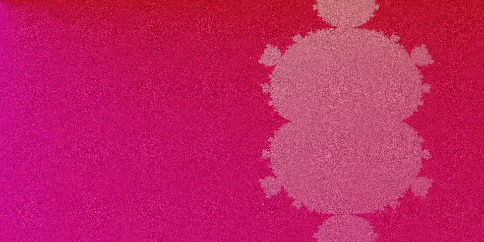 Multibrot fractal with light pink shape on magenta and crimson red gradient background and film grain noise