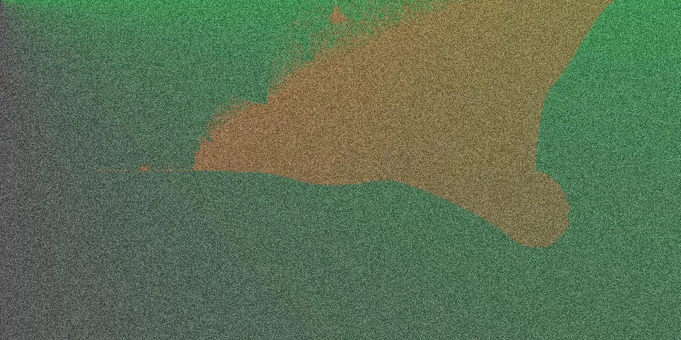 Burning ship fractal with brown shape on dark green and grey gradient background and film grain noise