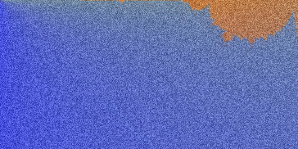 Mandelbrot fractal with orange shape in top right corner on blue gradient background and film grain noise