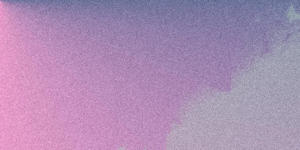 Burning ship fractal with light grey shape in bottom right on pink and purple gradient background and film grain noise