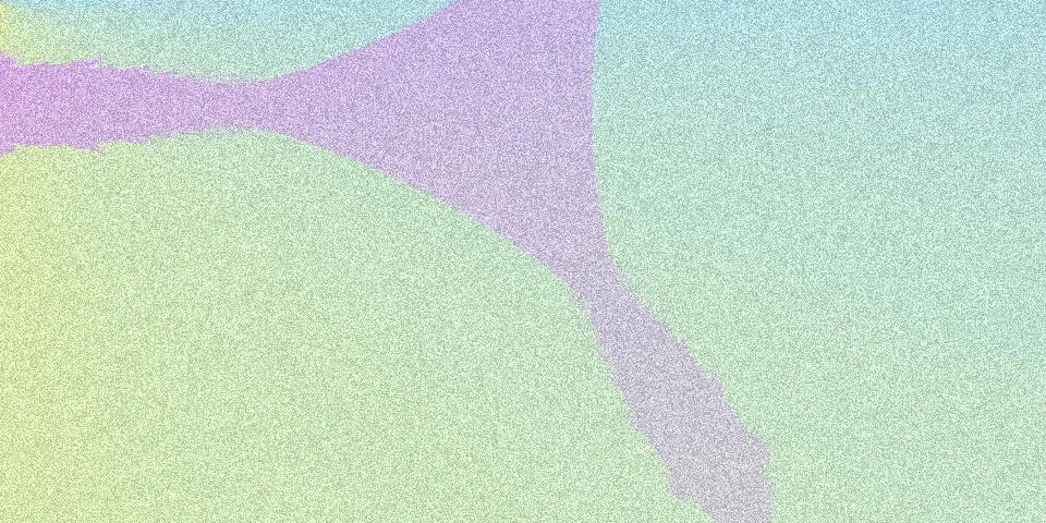 Tricorn fractal with purple shape across top left on light green and blue gradient background and film grain noise