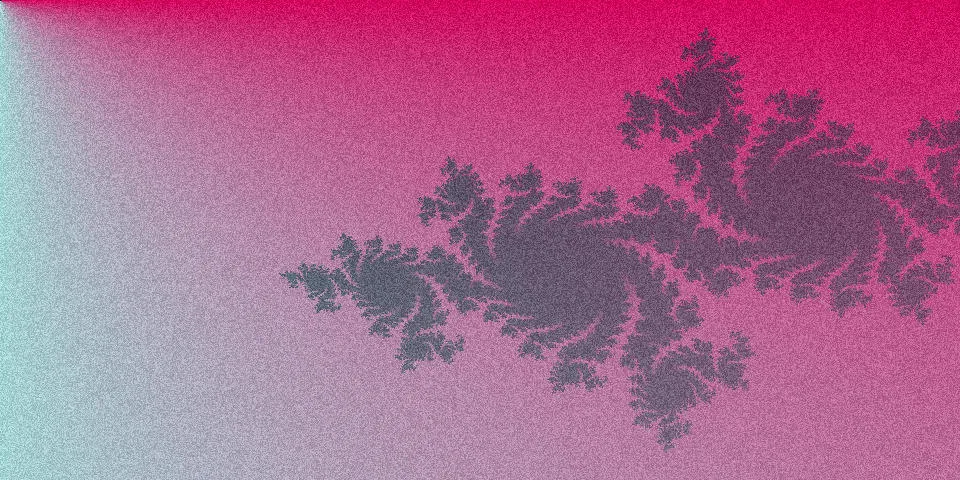 Julia fractal with dark swirling spiral shapes on pink and teal gradient background and film grain noise