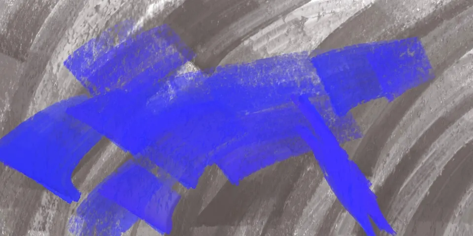Bold blue geometric brushstrokes over circular grey painted texture
