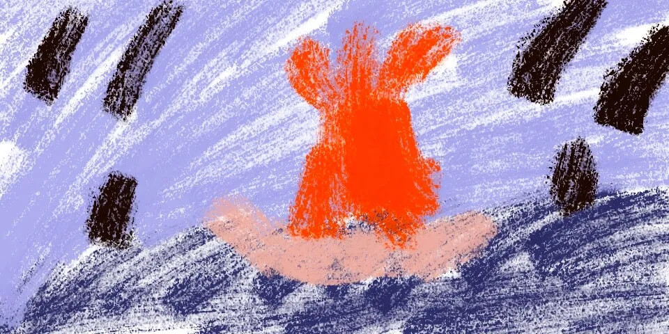 Crayon drawing of a red figure sitting on a pink surface against a blue textured background with dark brushstrokes