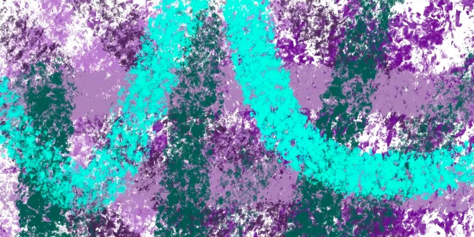 Abstract painting with teal wavy brushstrokes over purple and green splattered grunge texture