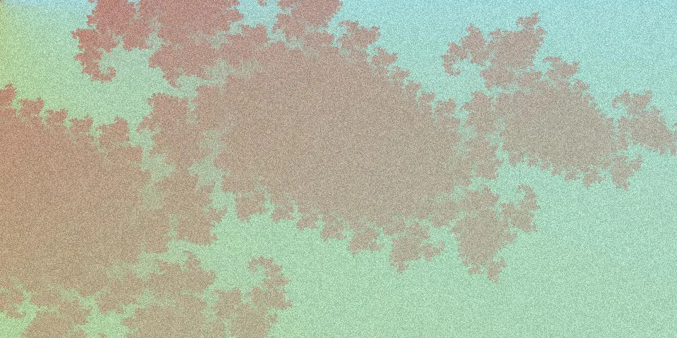 Julia fractal with terracotta branching shapes across teal and sage green gradient background and film grain noise