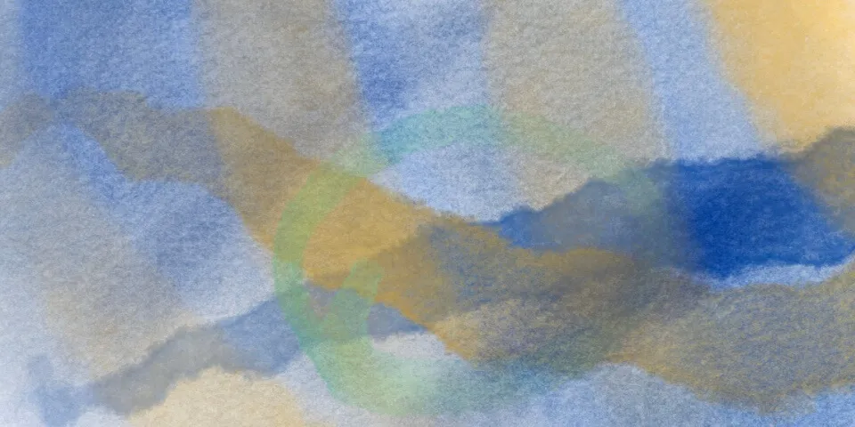 Soft watercolor wash in blue, grey, gold and green with layered cloud-like forms