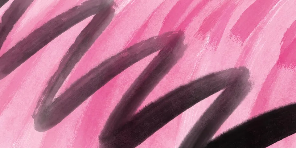 Dark maroon zigzag brushstrokes over pink painted background