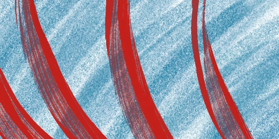 Bold red curved brushstrokes over light blue diagonal stripe texture
