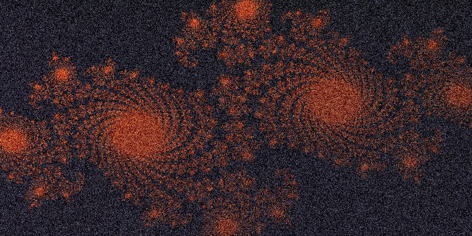 Julia fractal with orange spiral clusters on dark background and heavy film grain noise