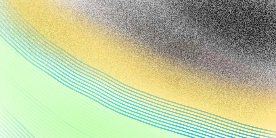 Curved cyan lines sweeping across a yellow and mint green gradient with dark grain in the upper right
