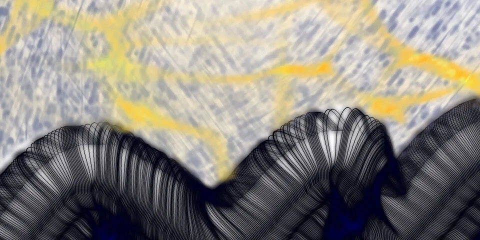 Burning ship fractal with dark detailed scalloped ridge along the bottom on blue-grey and yellow gradient background and film grain noise