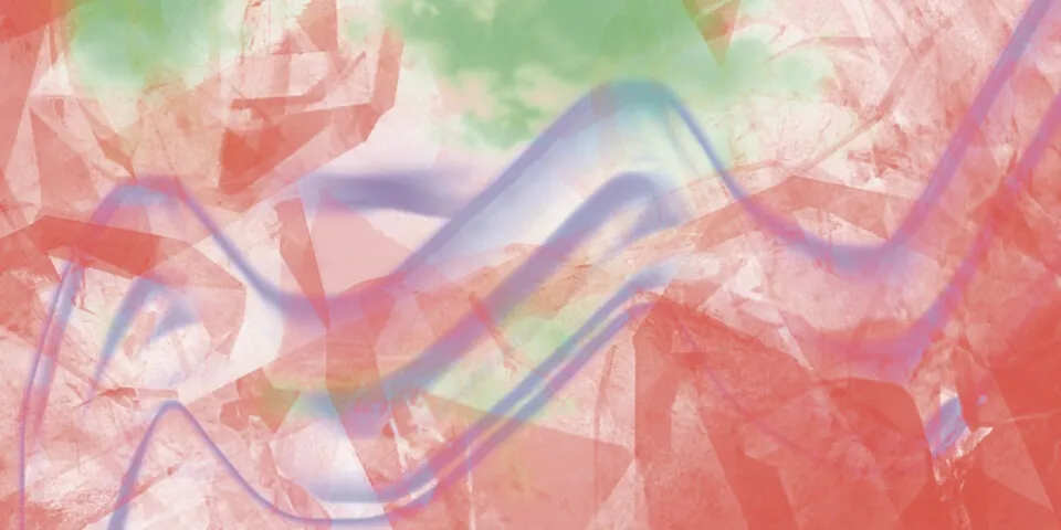 Blue and purple wavy lines over red crinkled paper texture with soft green areas