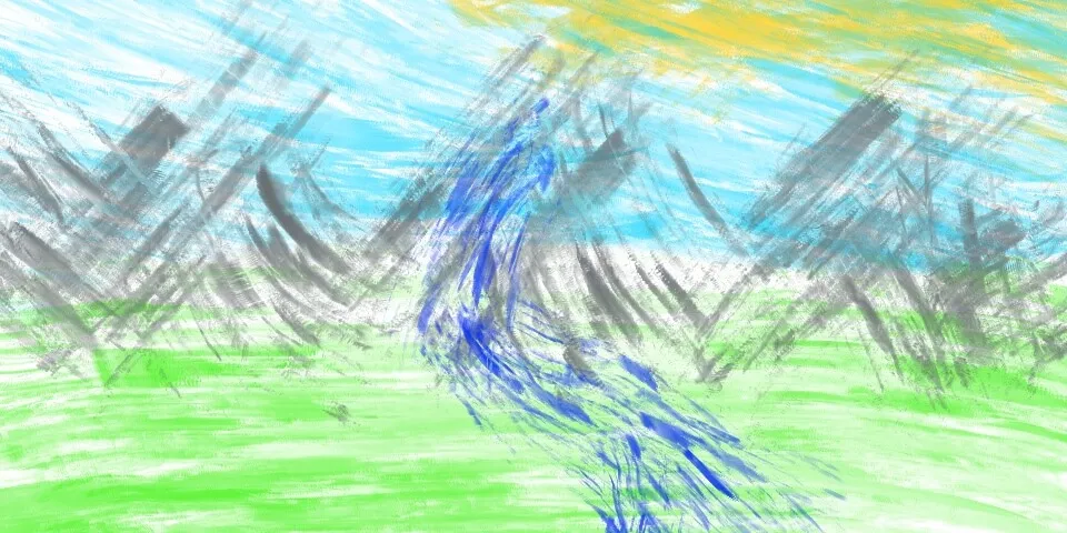Abstract landscape with a central blue waterfall, bright green grass, cyan sky with yellow sun, and dark diagonal sketch strokes