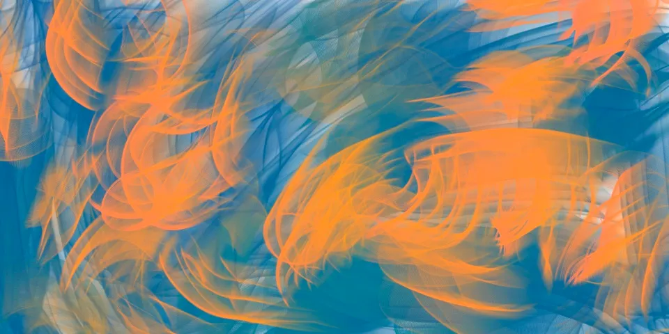 Abstract digital painting with swirling orange shapes on blue