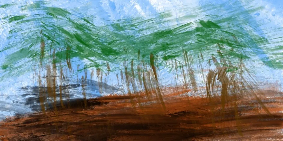 Impressionistic painting of trees with green foliage and dark trunks against a blue sky over terracotta brown ground