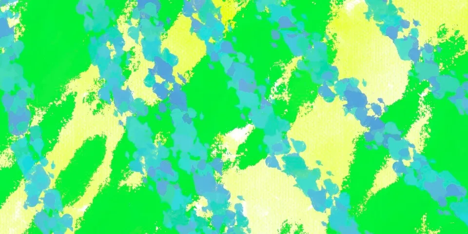 Bright green and yellow abstract with scattered blue paint splotches