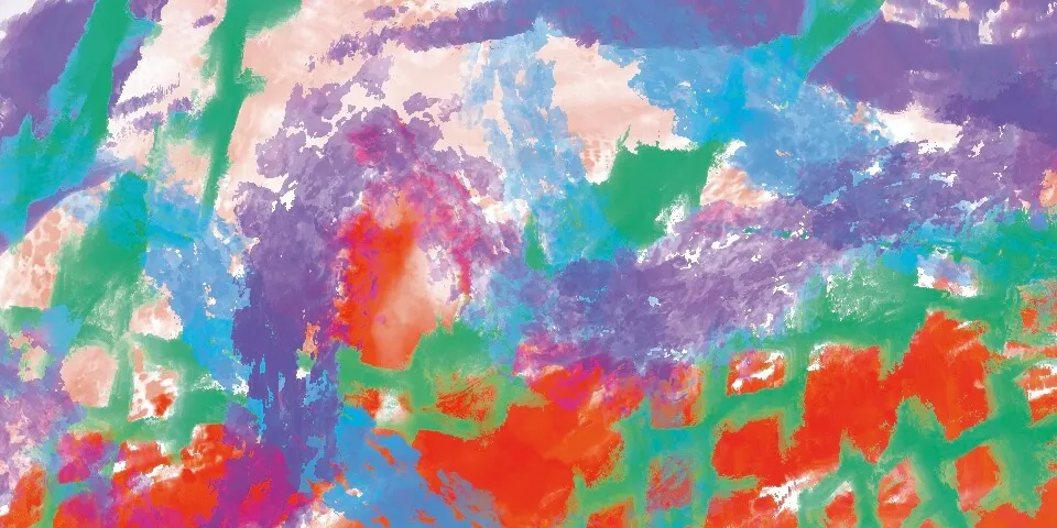 Bold watercolor abstract with purple, red, green, and blue brushed patches