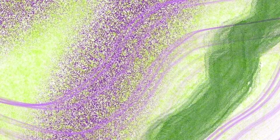 Purple speckled band over lime green background with sweeping dark green brushstrokes on the right